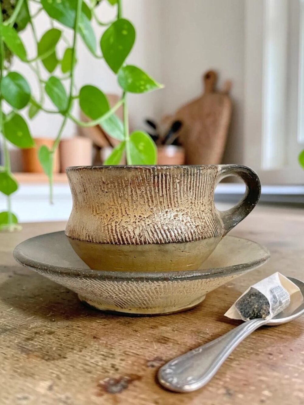 Handmade Ceramic Coffee Cup and Saucer Set, Wabi Sabi Studio Pottery Mug, Earthy